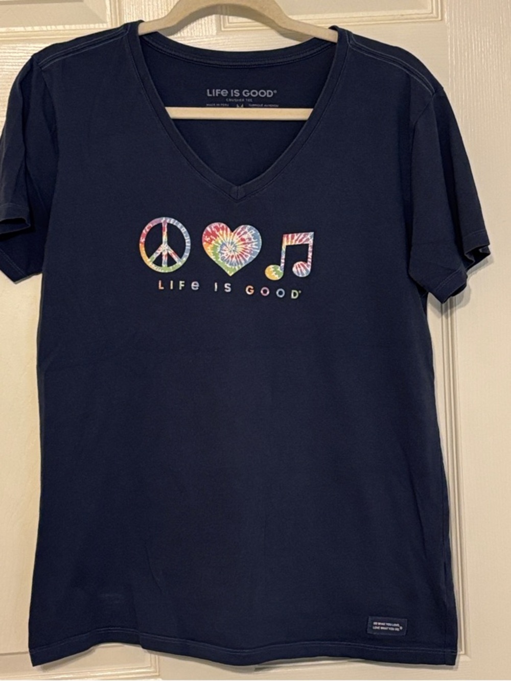 Life Is Good Navy V-Neck Cotton Tee Peace Love Music Tie-Dye